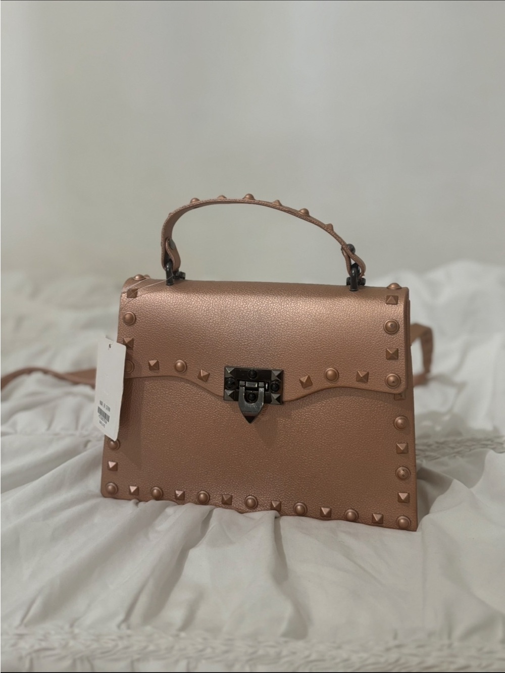 Rose Gold Structured Top-Handle Studded Crossbody Bag